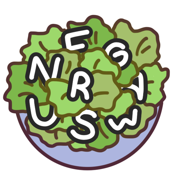 a purple bowl with a salad mixed in with various letters.